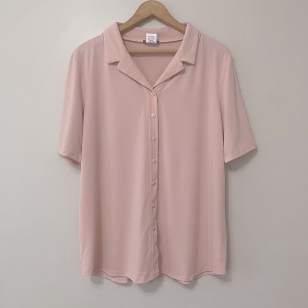 New Kim & Co Pink Brazil Knit Stretch Short Sleeve Button Up Top Size XL bin 4C